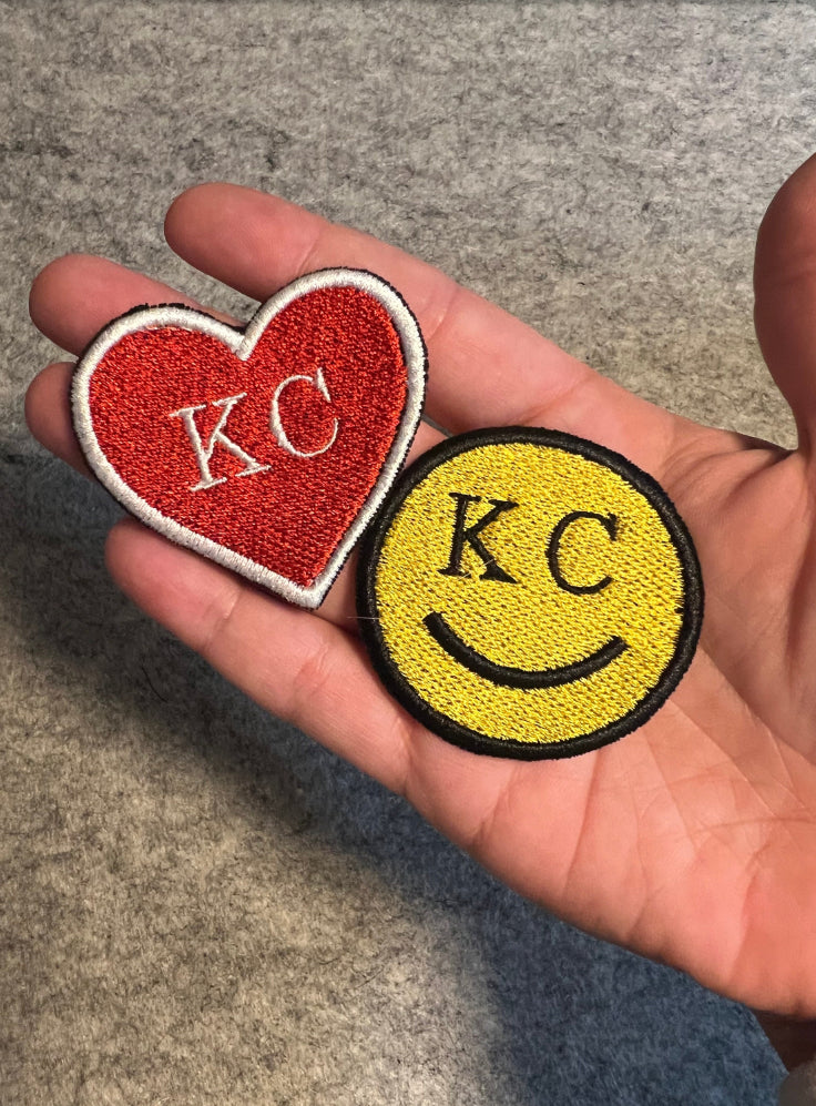 KC heart embroidered patch • KC smiley face • Kansas City • Missouri • Kansas • cute • iron on patch • sew on patch