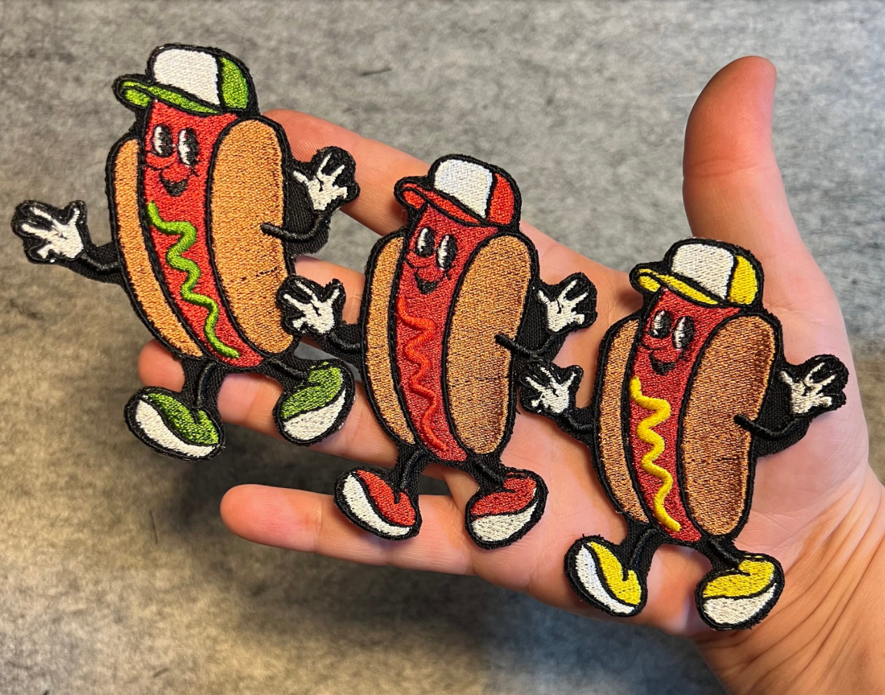 Hot dog race embroidered patch • baseball • KC Royals • team ketchup • team mustard • team relish • iron on patch • sew on patch