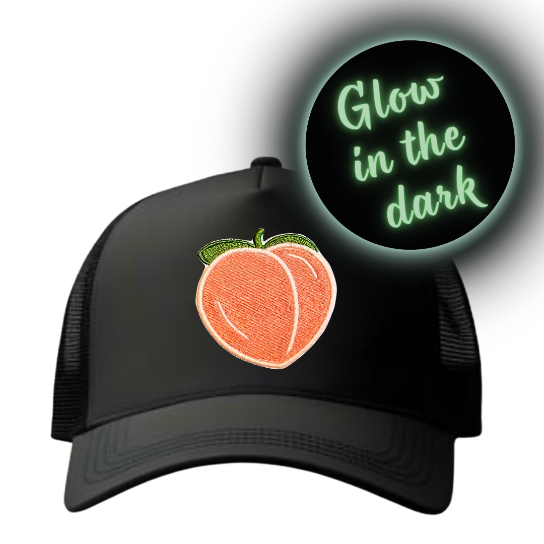 Juicy peach trucker hat • Georgia peach • baseball cap • customizable • embroidered patch on hat • GLOW in the dark