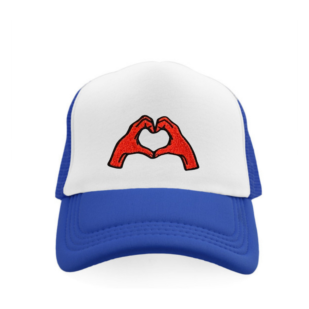Heart hands trucker hat • baseball cap • customizable • embroidered patch on hat