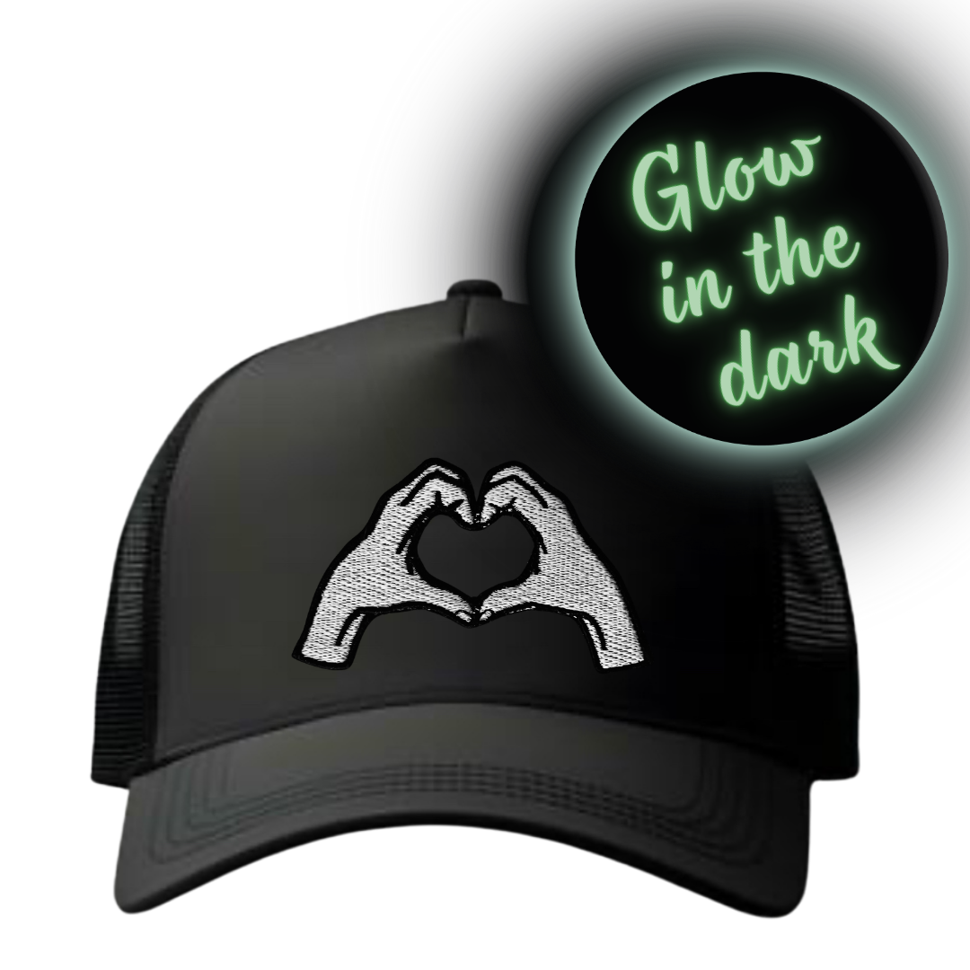 Heart hands trucker hat • baseball cap • customizable • embroidered patch on hat