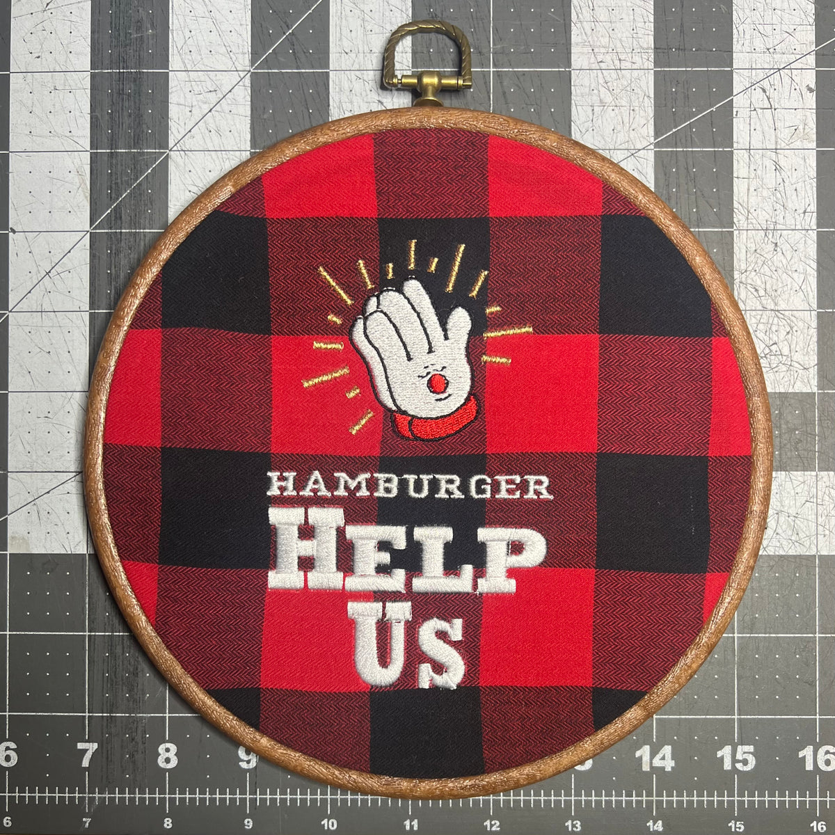 Hamburger help us embroidered sign • wall hanging • kitchen decor