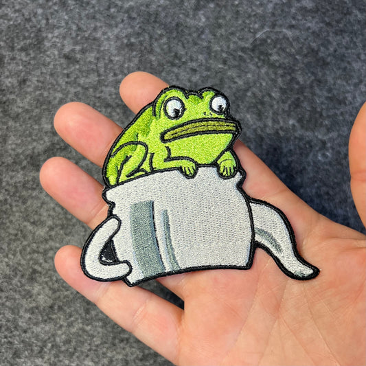 Frog on teapot embroidered patch • OTGW • George Washington • lucky frog • iron on or sew on • autumn • fall • Velcro patch