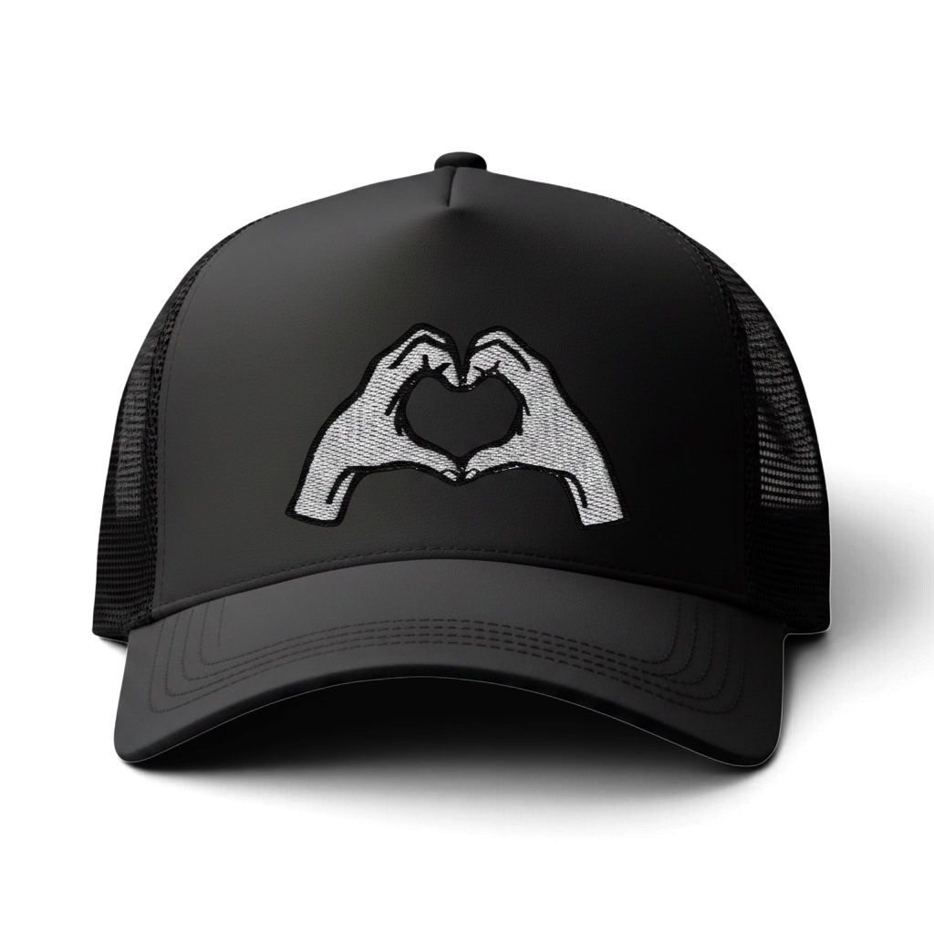 Heart hands trucker hat • baseball cap • customizable • embroidered patch on hat