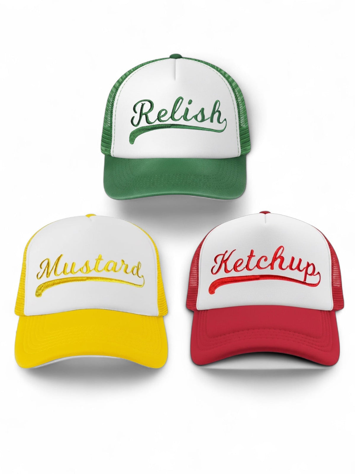 Hot dog race embroidered trucker hat • Ketchup • Mustard • Relish • baseball season • KC Royals
