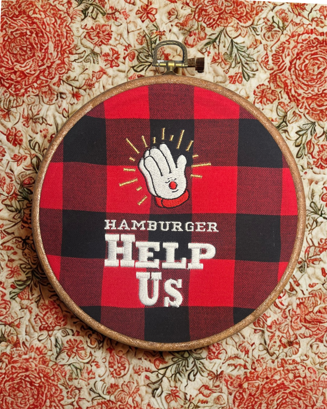 Hamburger help us embroidered sign • wall hanging • kitchen decor