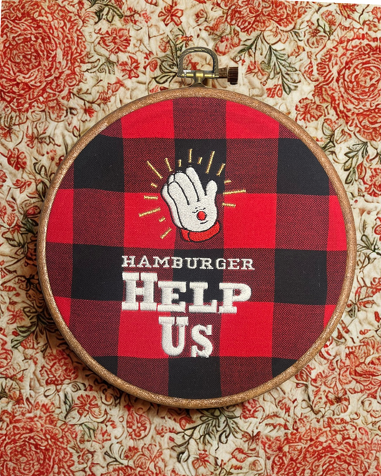Hamburger help us embroidered sign • wall hanging • kitchen decor