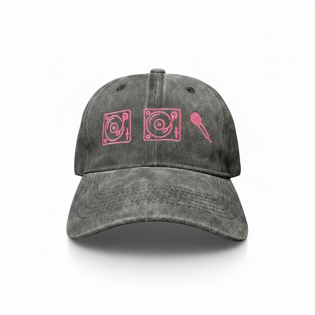 Two turntables and a microphone embroidered hat • Beck