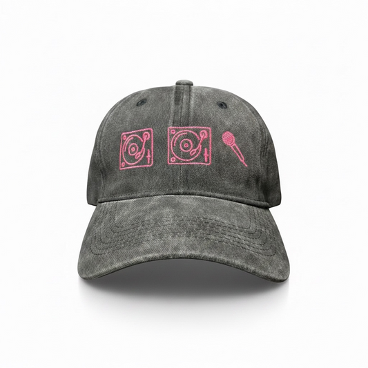 Two turntables and a microphone embroidered hat • Beck