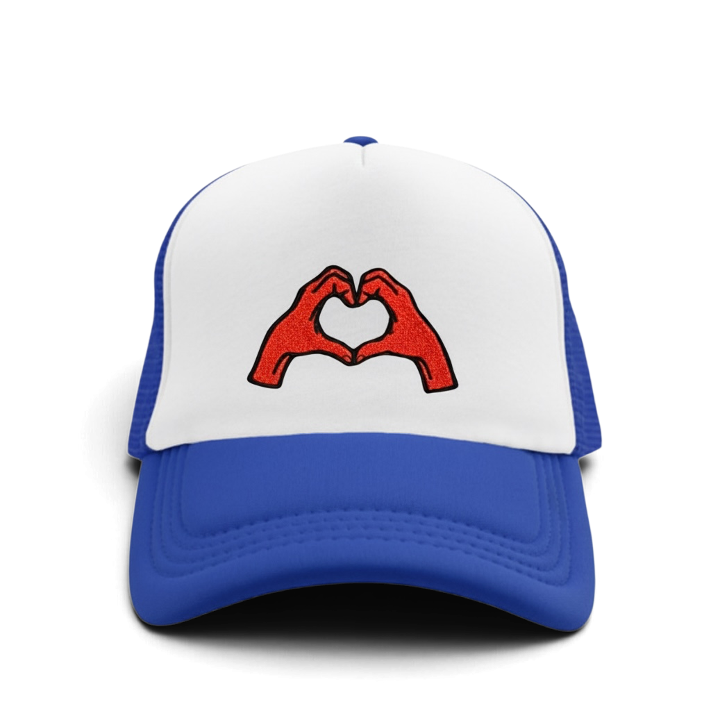 Heart hands trucker hat • baseball cap • customizable • embroidered patch on hat