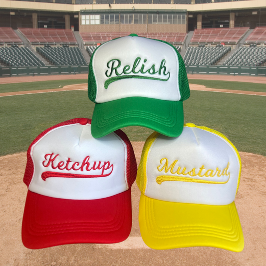 Hot dog race embroidered trucker hat • Ketchup • Mustard • Relish • baseball season • KC Royals