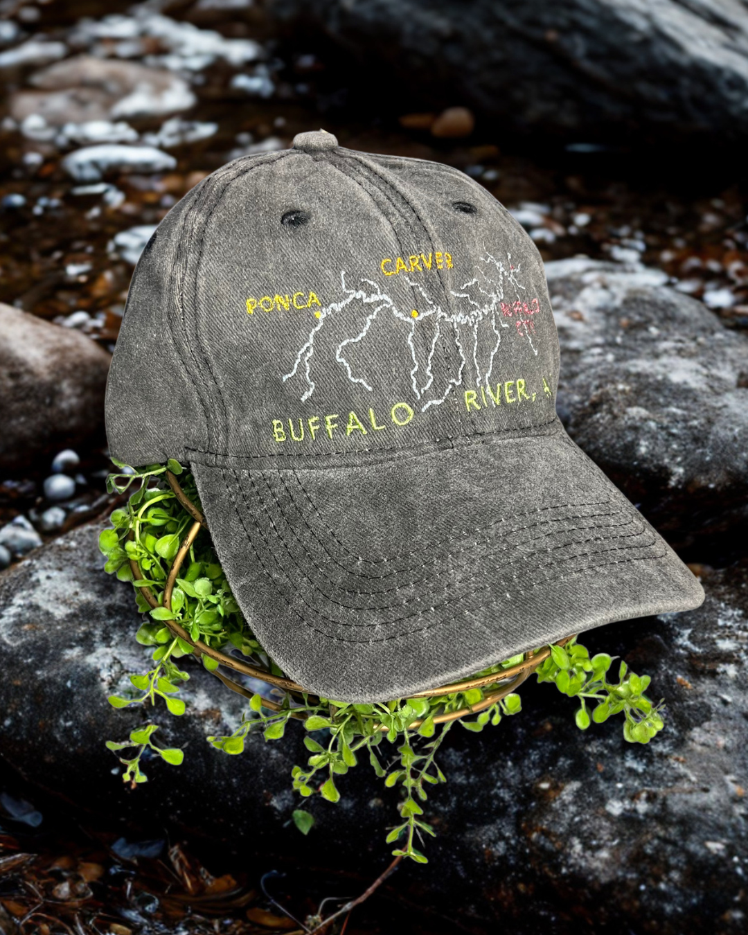 Buffalo River embroidered hat • topographical embroidery • Arkansas • glow in the dark