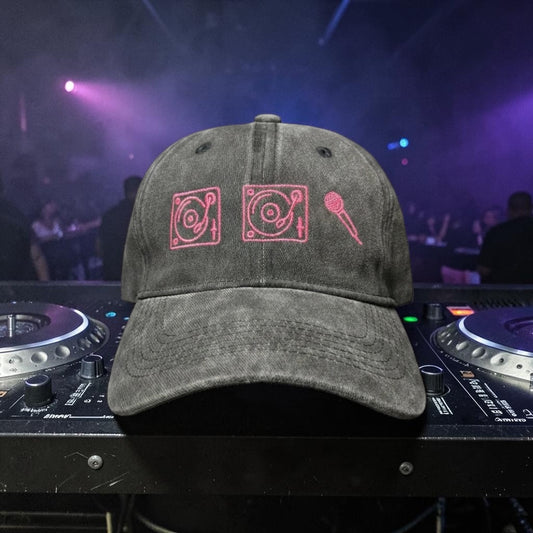 Two turntables and a microphone embroidered hat • Beck